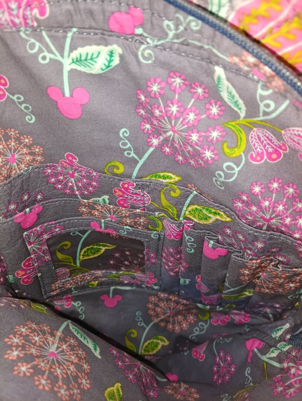 Vera Bradley Quilted Gray Disney Mickey & Friends Backpack Pink/ Green Floral - Picture 9 of 11